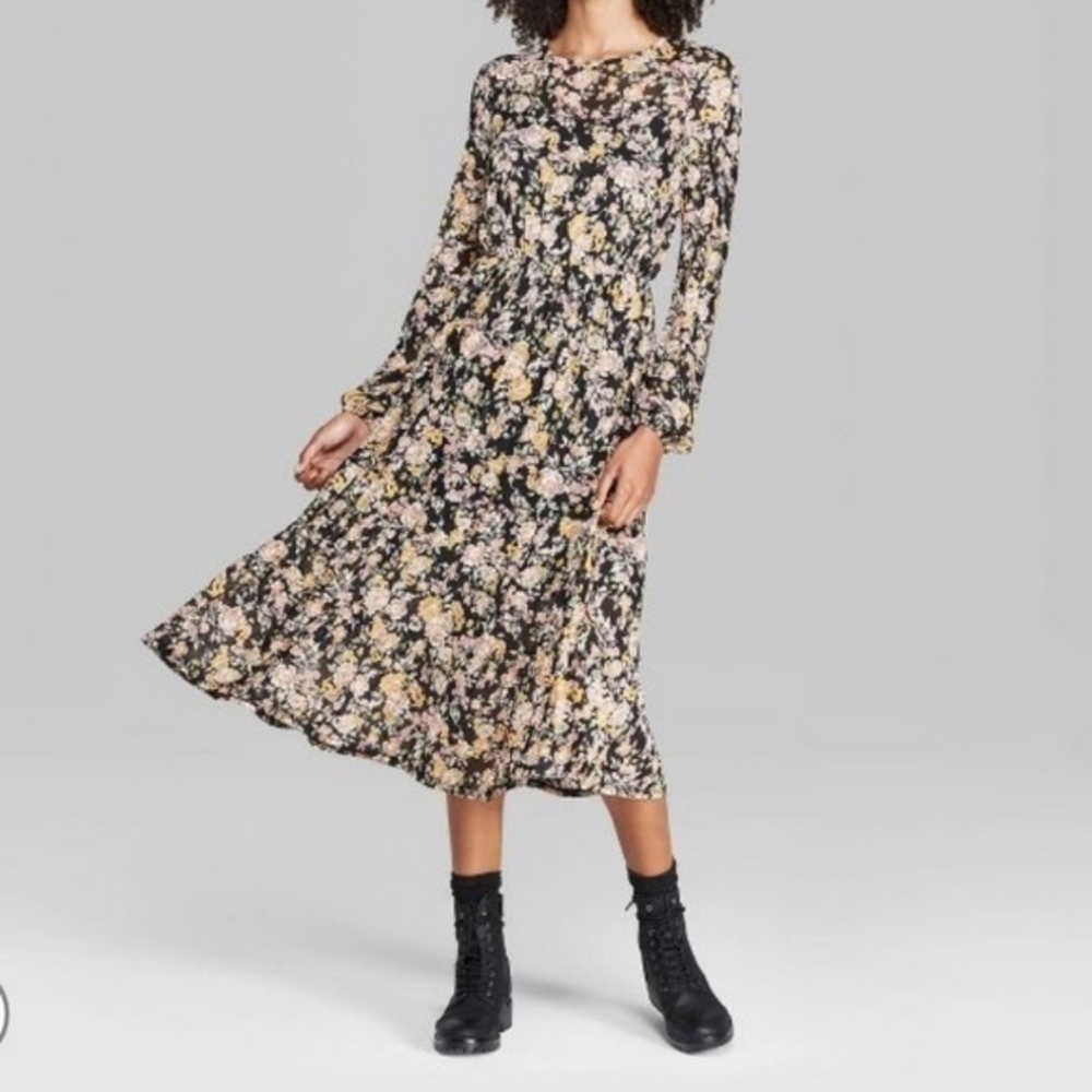 Wild Fable Floral Long Sleeve Black Dress
